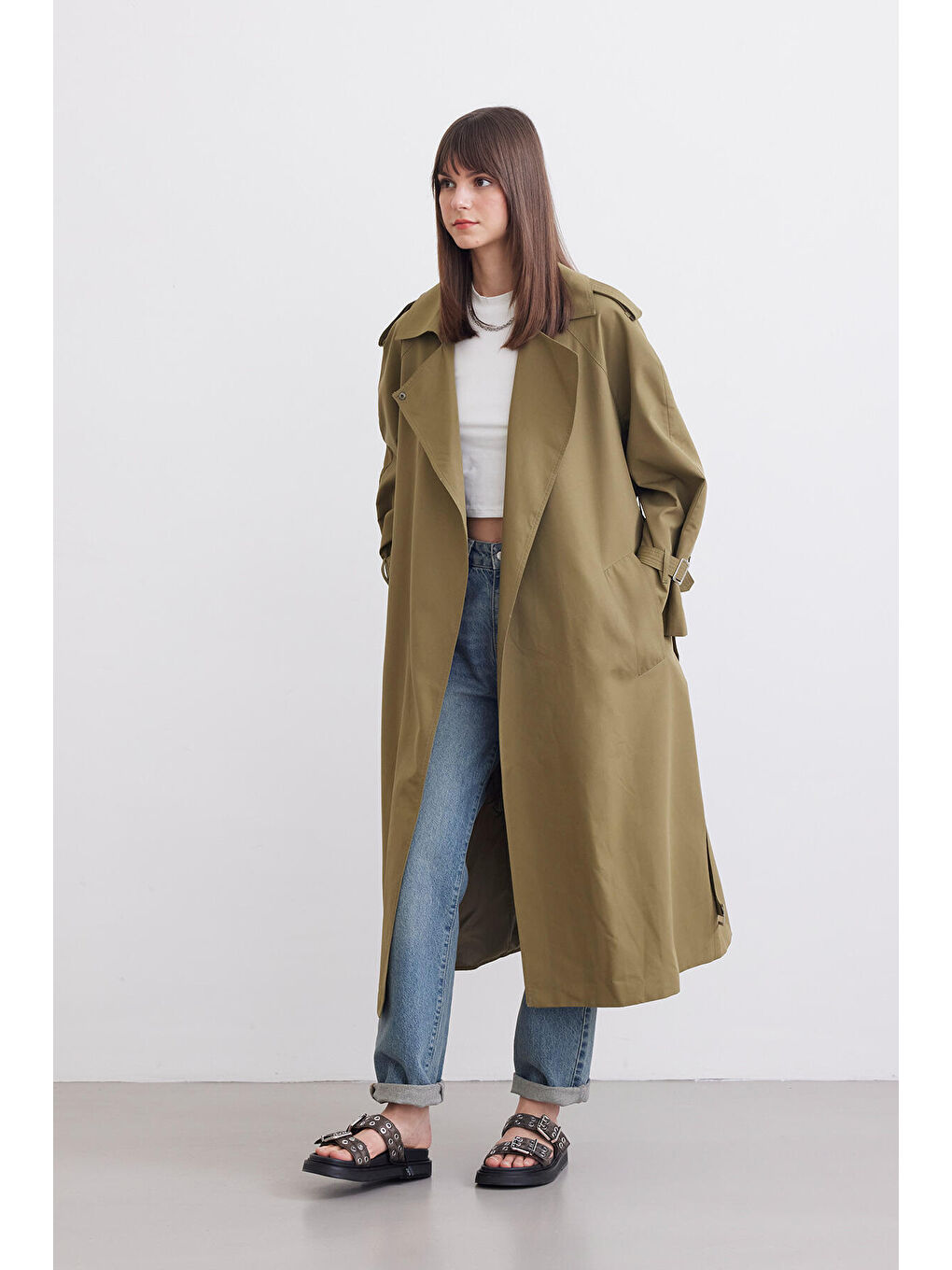 Kemerli Dökümlü Trençkot Yeşil-1