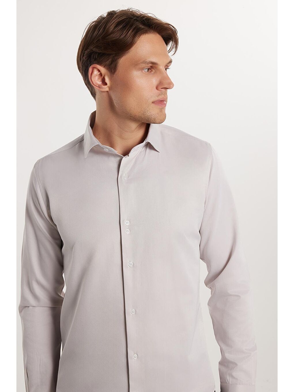 Slim Fit Uzun Kollu Pamuklu Düz Erkek Bej Gömlek-1