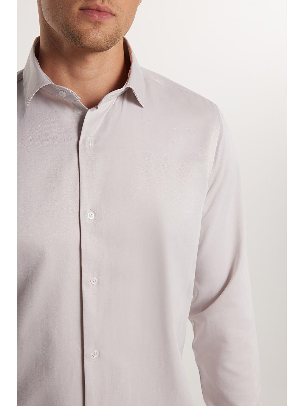 Slim Fit Uzun Kollu Pamuklu Düz Erkek Bej Gömlek-2
