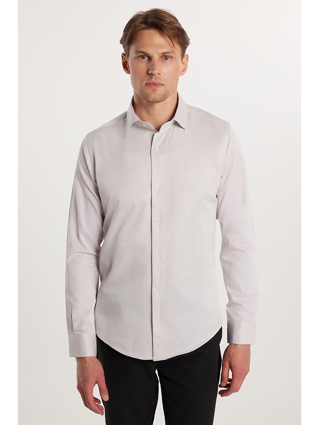 Slim Fit Uzun Kollu Pamuklu Düz Erkek Bej Gömlek-3