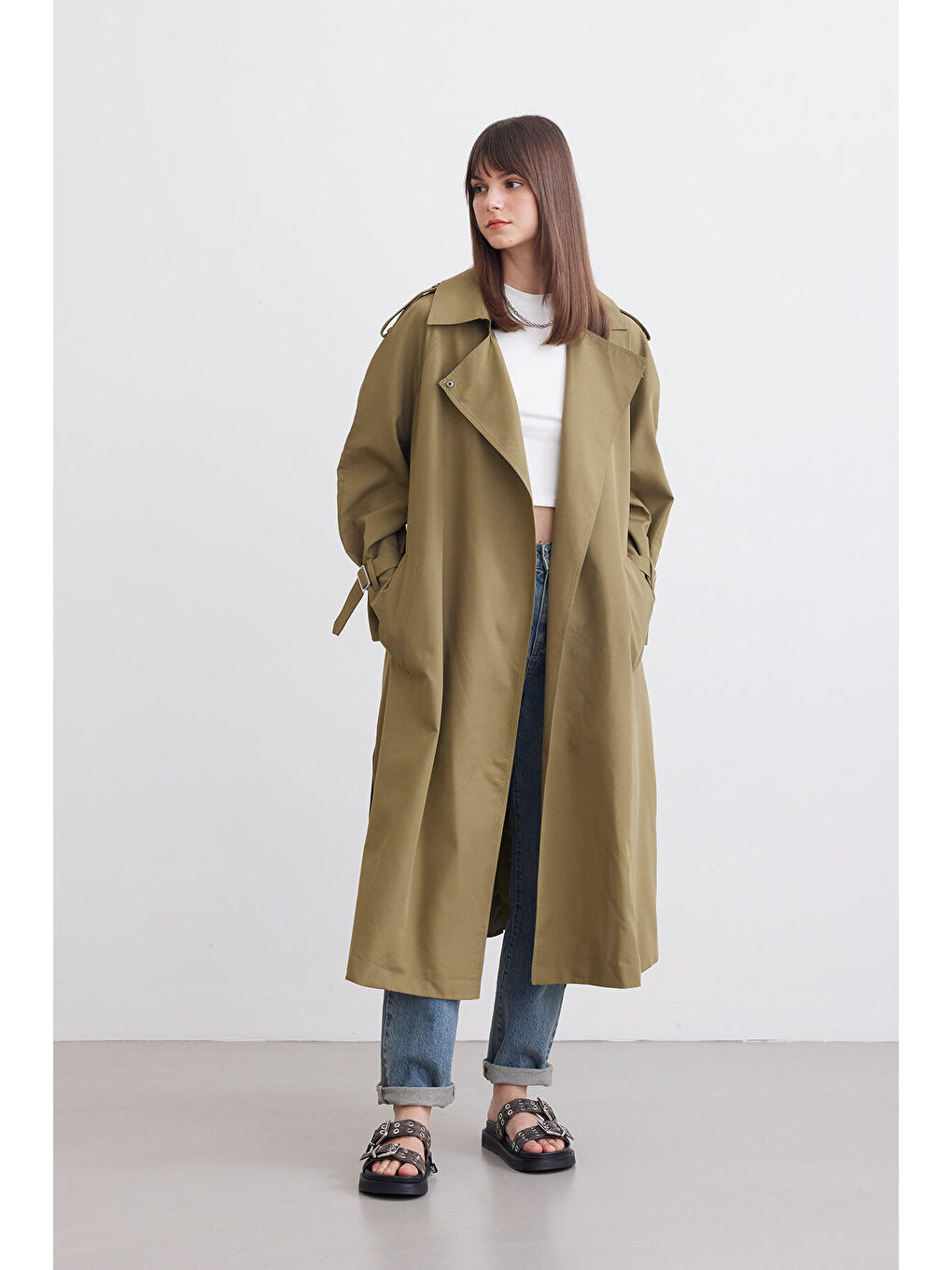 Kemerli Dökümlü Trençkot Yeşil-2