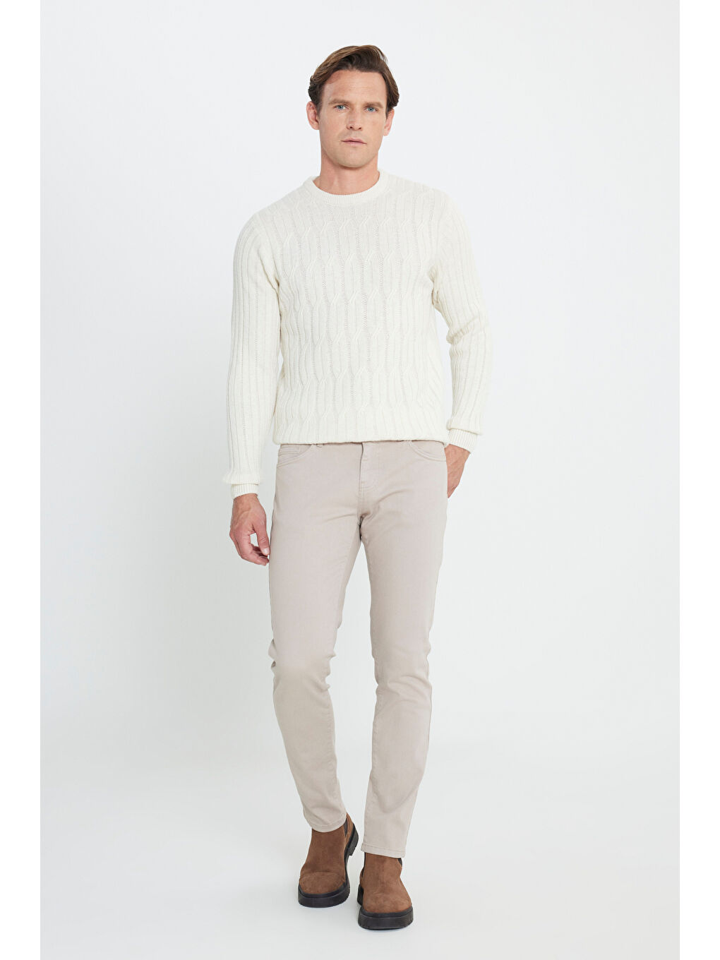 Bej Erkek Taş 360 Derece Her Yöne Esneyen Rahat Slim Fit Pantolon-3