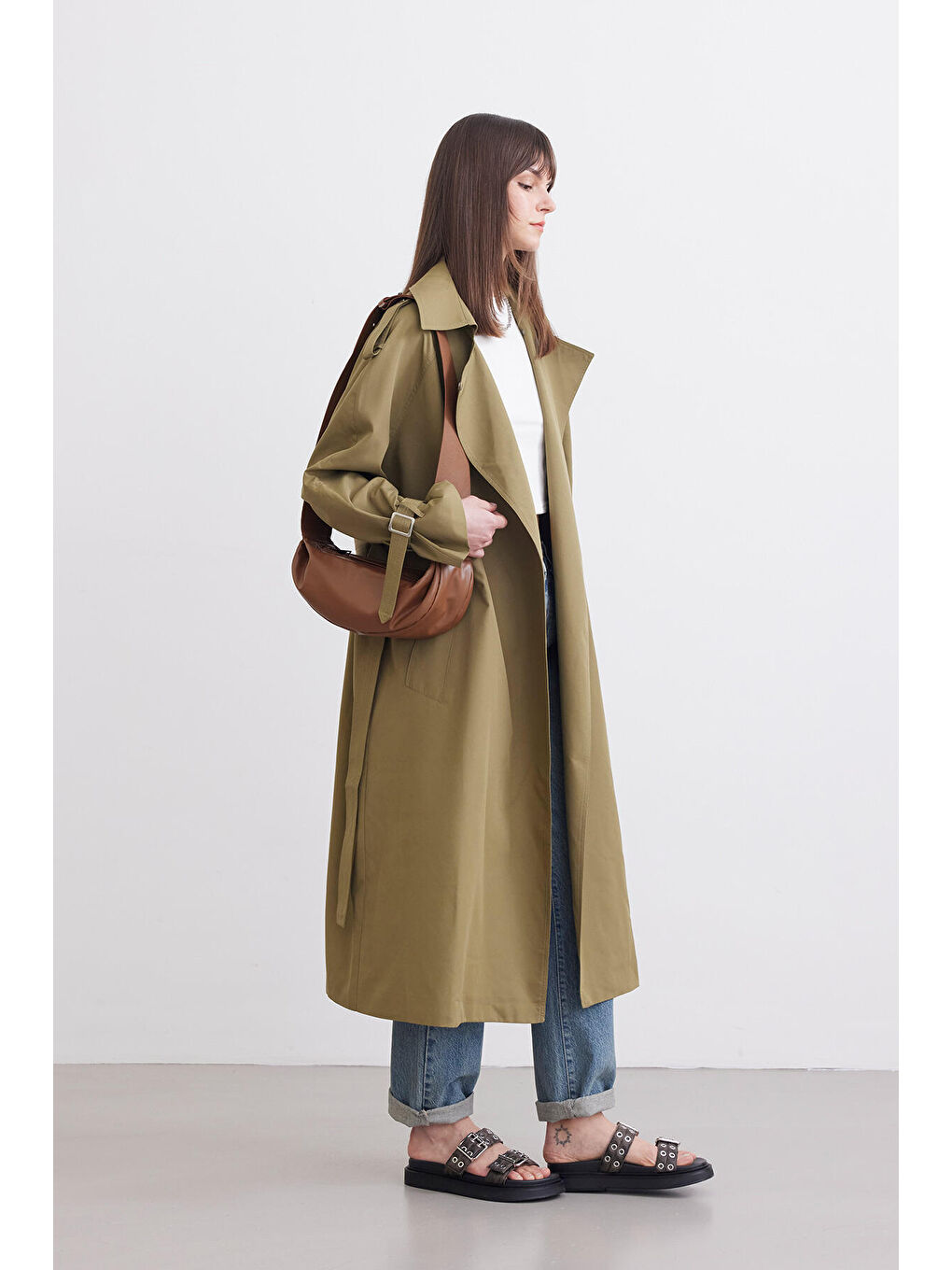 Kemerli Dökümlü Trençkot Yeşil-3