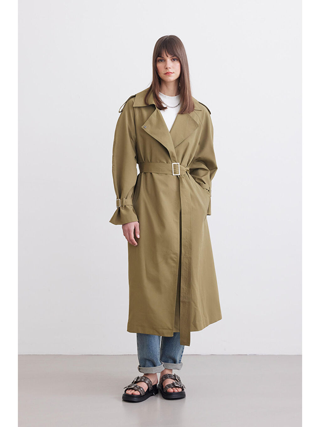 Kemerli Dökümlü Trençkot Yeşil-4