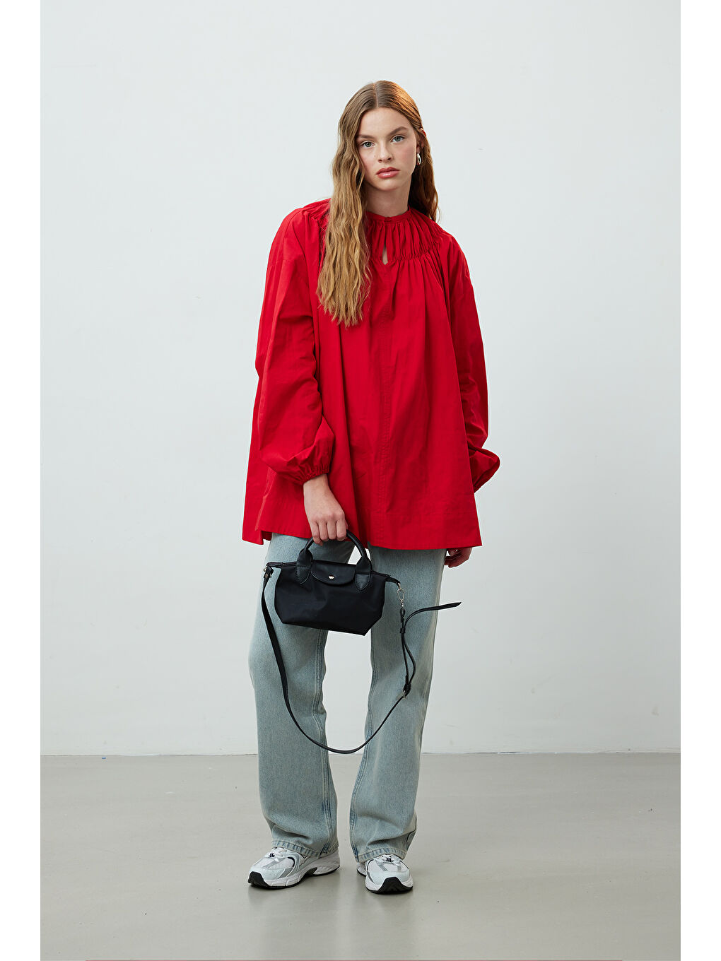 Yakası Büzgülü Tunik Kırmızı-1