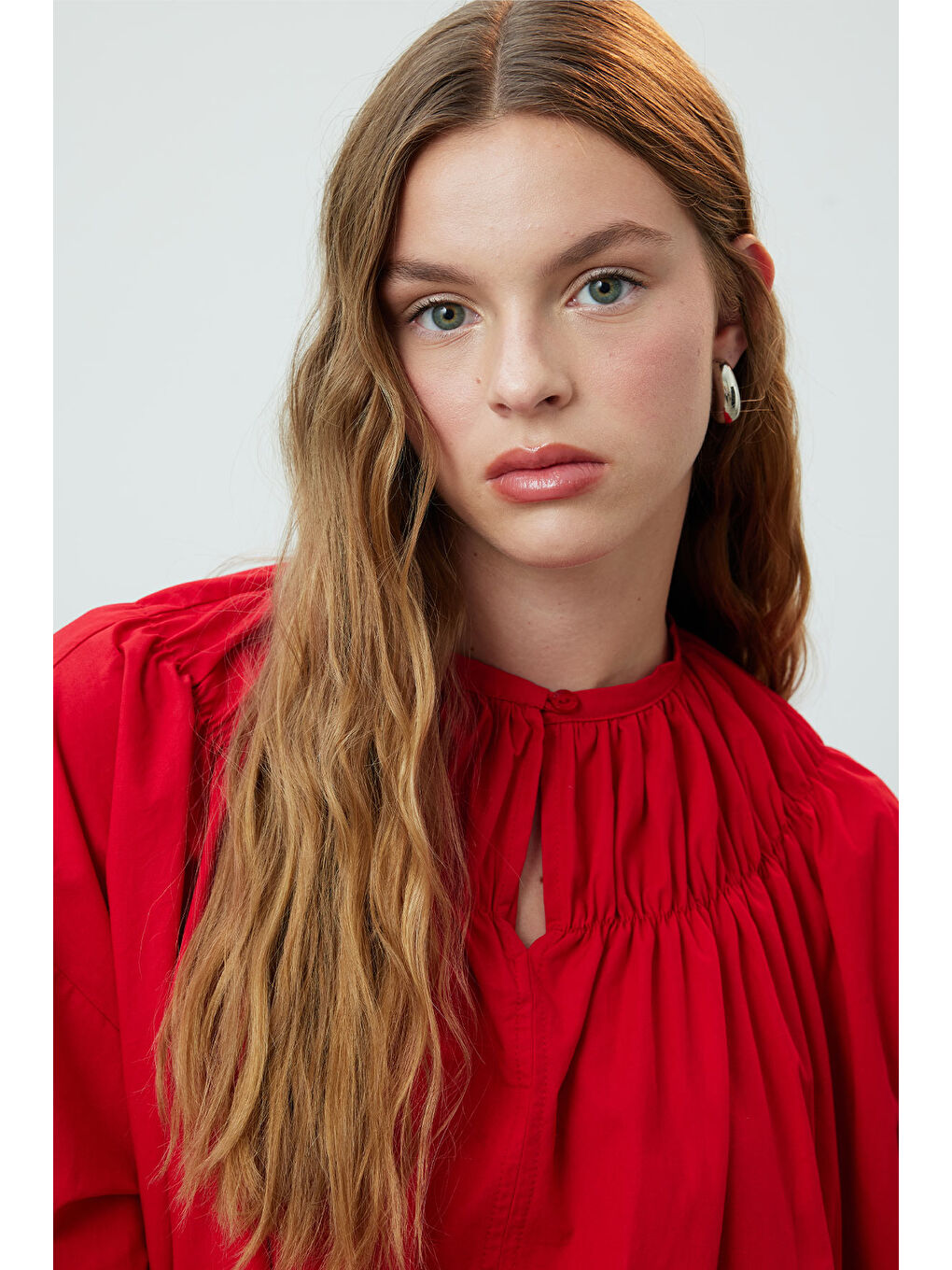 Yakası Büzgülü Tunik Kırmızı-2