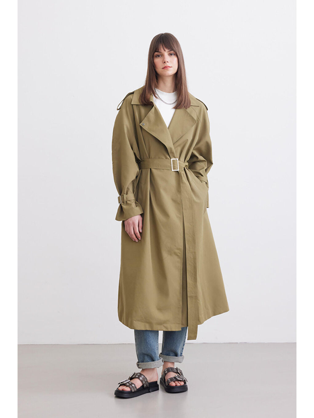 Kemerli Dökümlü Trençkot Yeşil-6