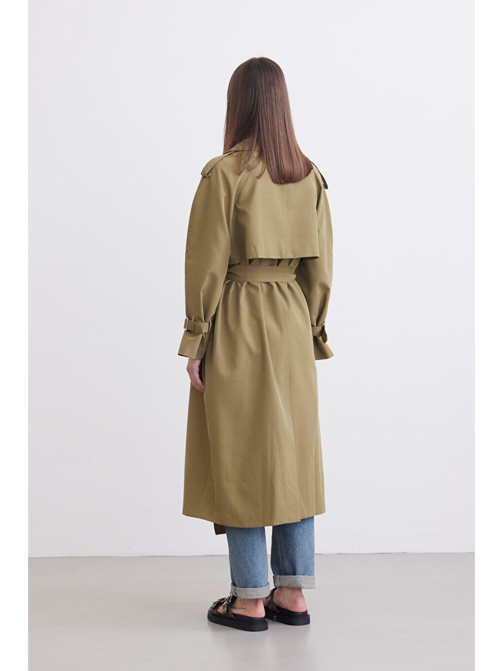 Kemerli Dökümlü Trençkot Yeşil-7