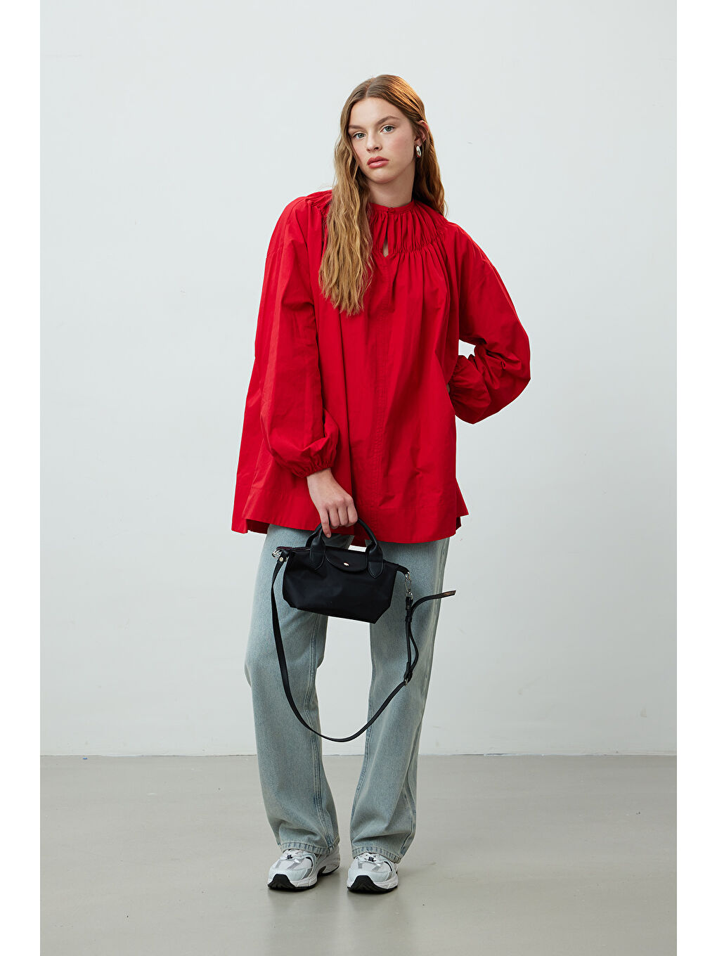 Yakası Büzgülü Tunik Kırmızı-3