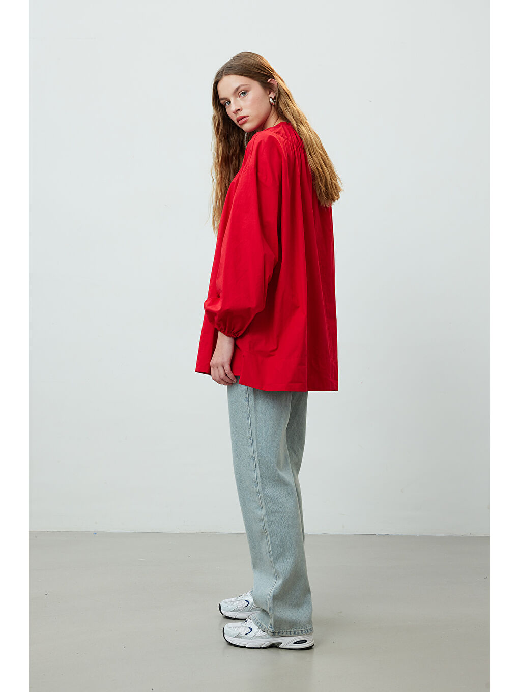 Yakası Büzgülü Tunik Kırmızı-4