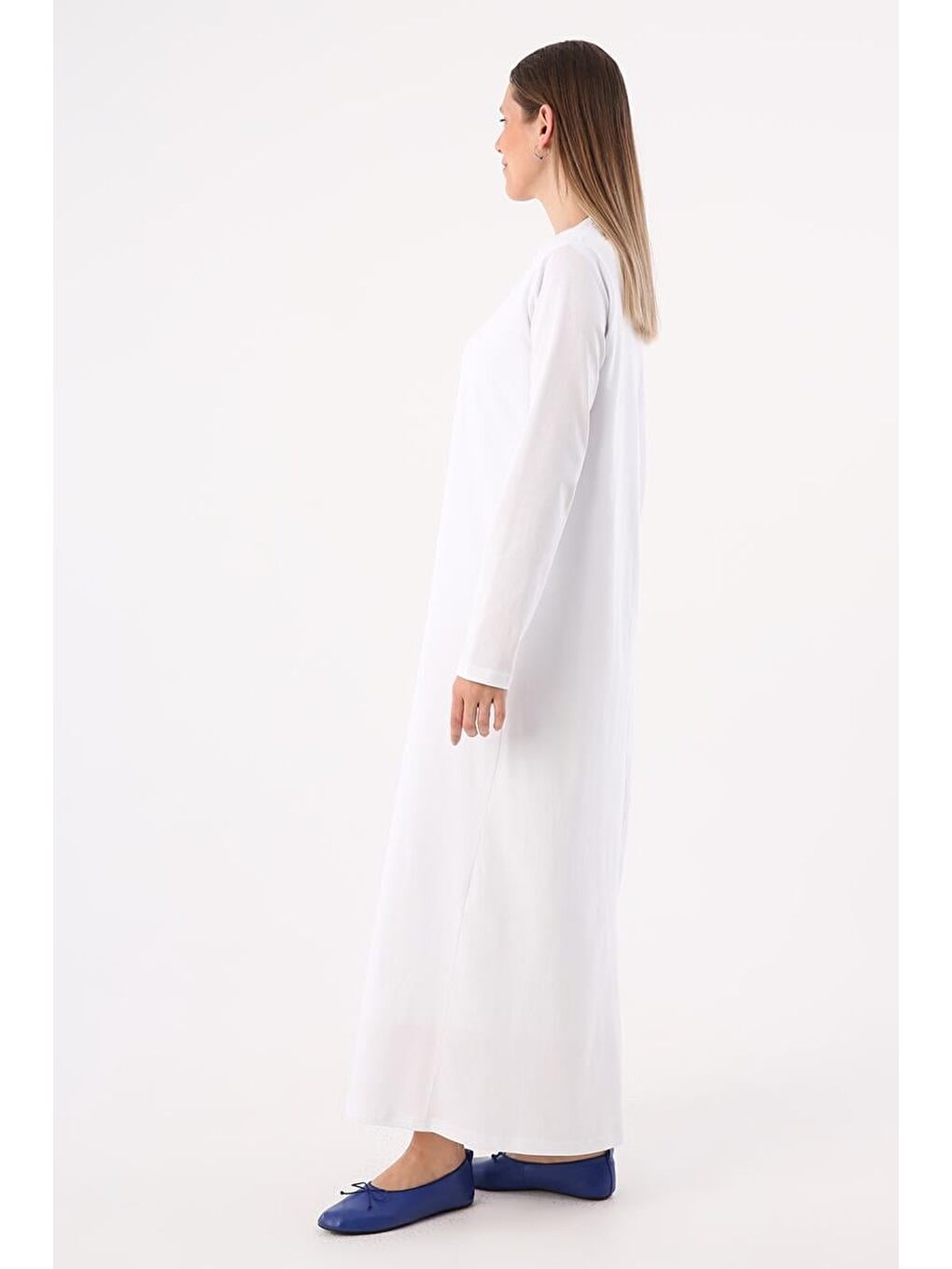 Beyaz Pamuklu Basic Uzun Kollu İçlik Elbise-2