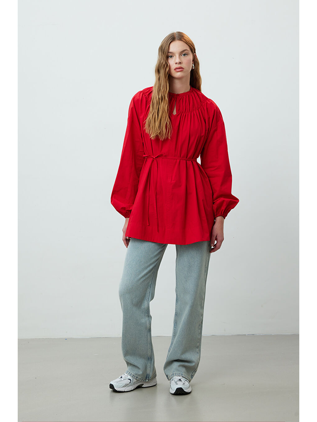Yakası Büzgülü Tunik Kırmızı-6