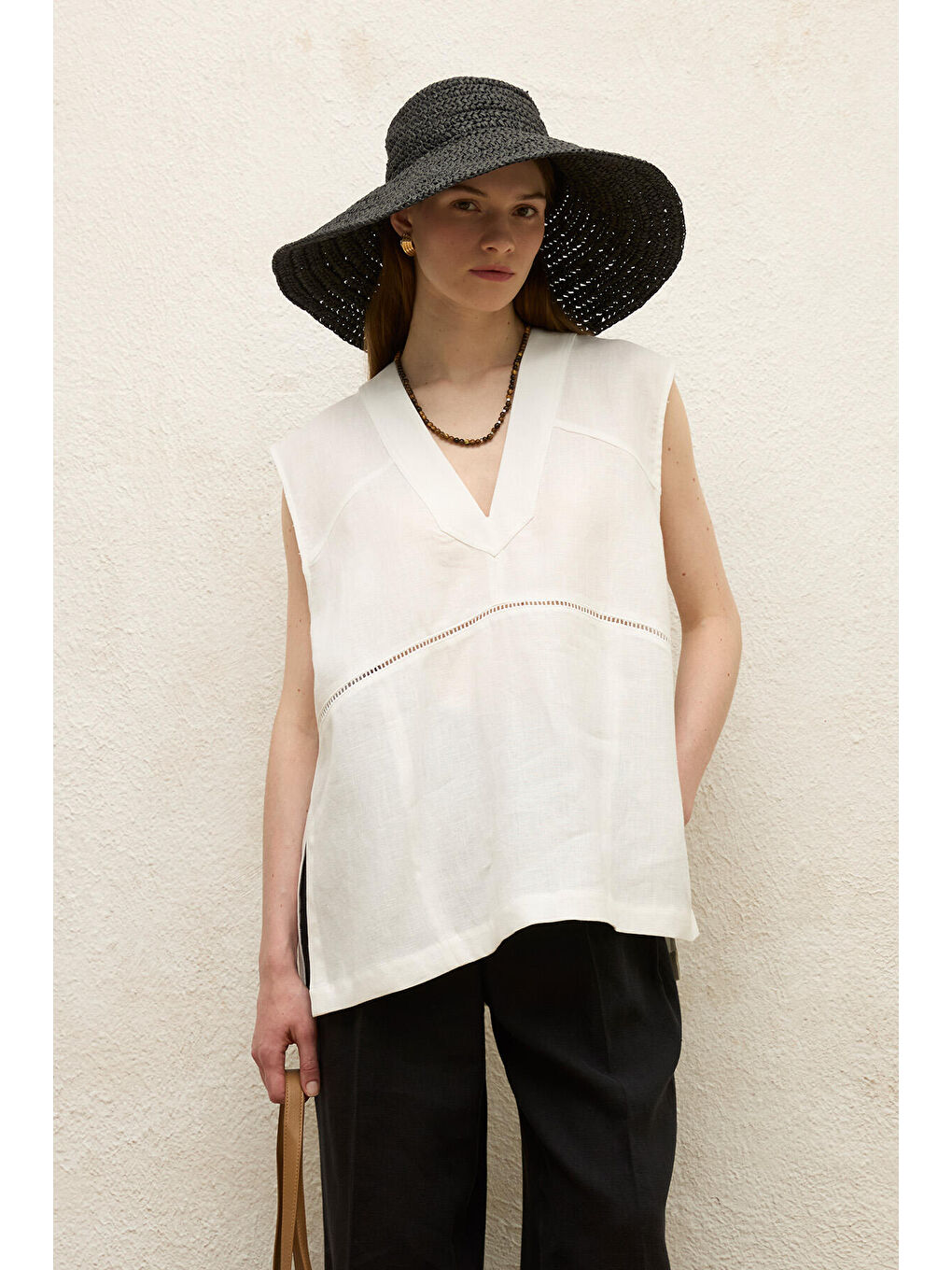 Keten Kolsuz Bluz Ekru-1