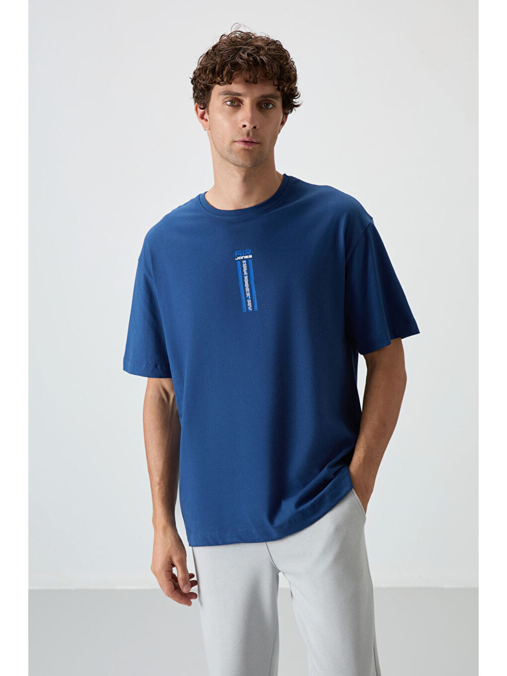 Mavi %100 Pamuk Kalın Yumuşak Dokulu  Fit Baskılı Erkek Tişört - 88360