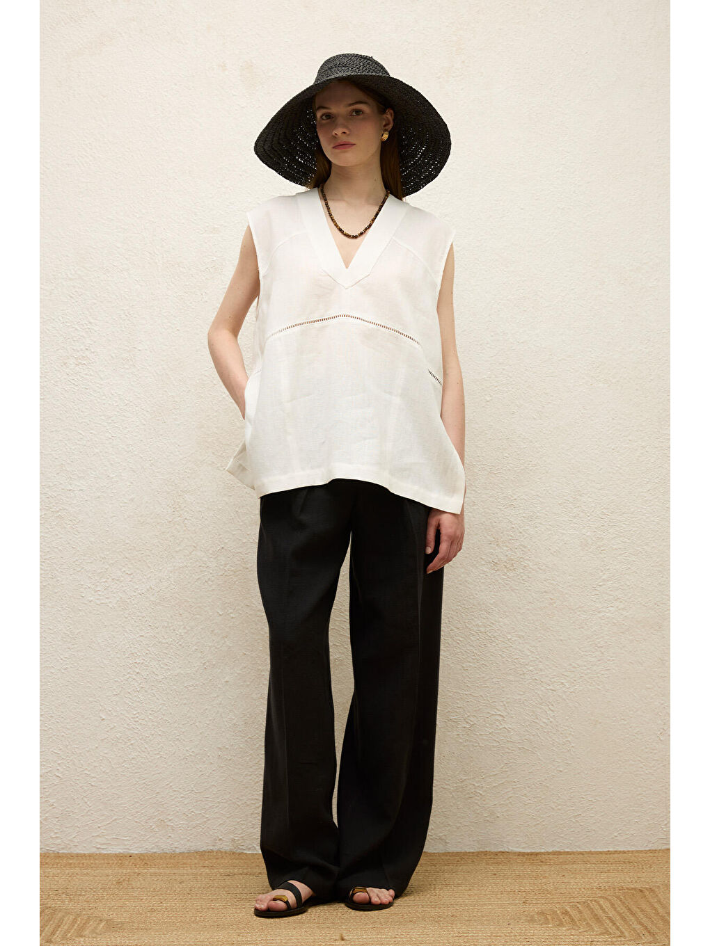 Keten Kolsuz Bluz Ekru-2