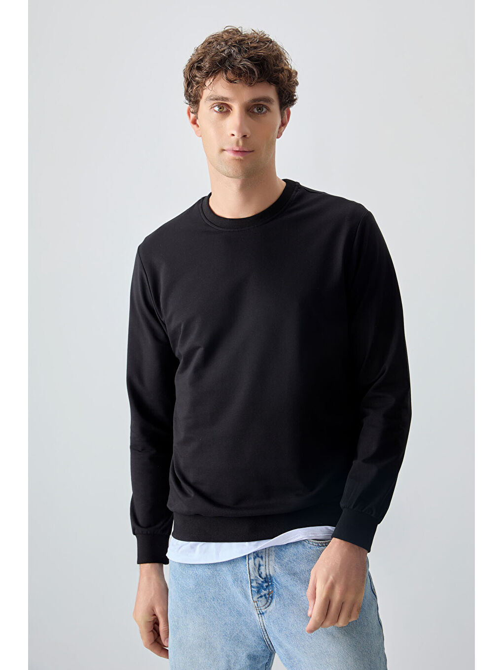 Siyah Pamuk Dokulu Standart Fit Basic Erkek Sweatshirt - 88363