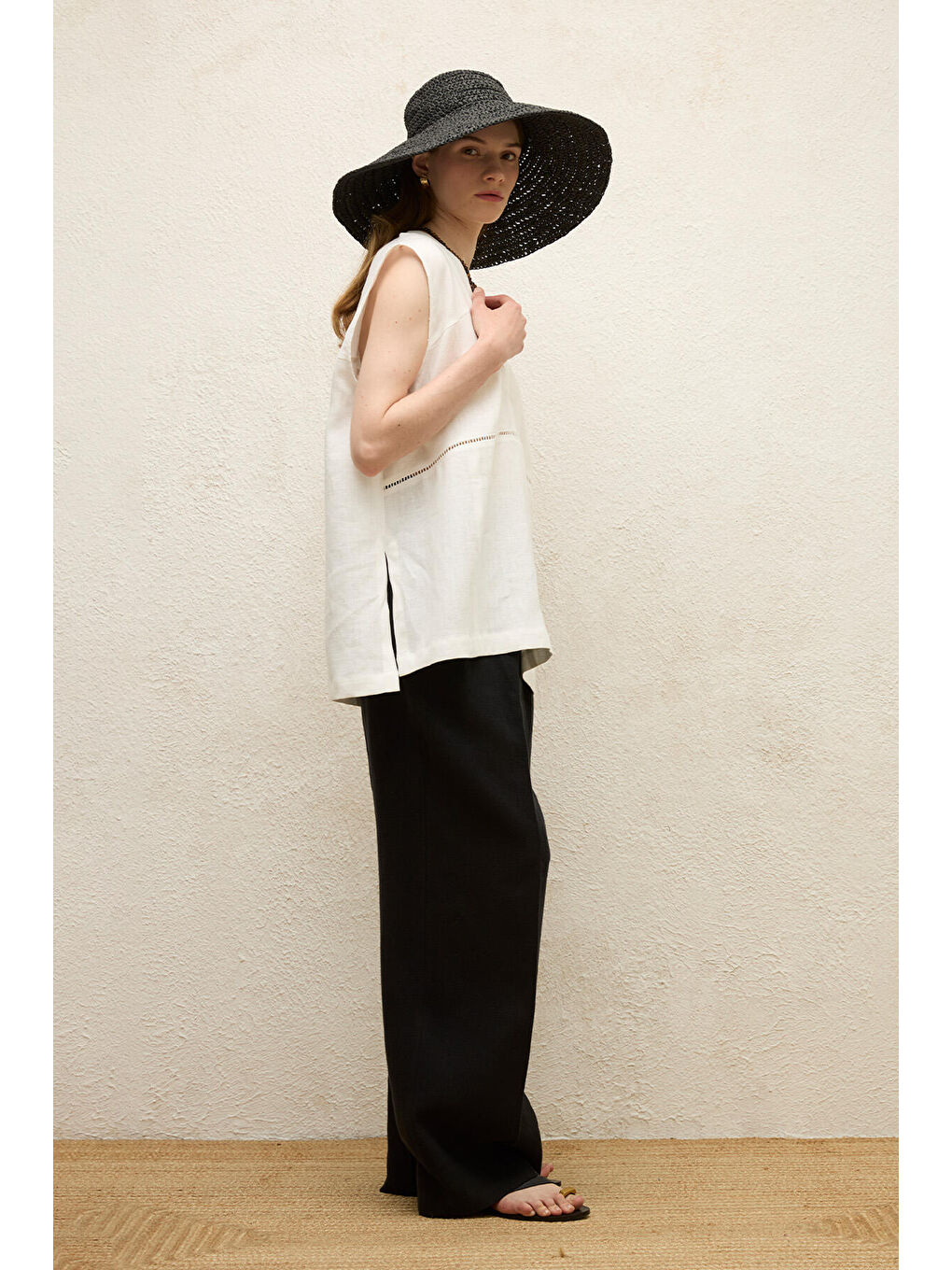 Keten Kolsuz Bluz Ekru-3