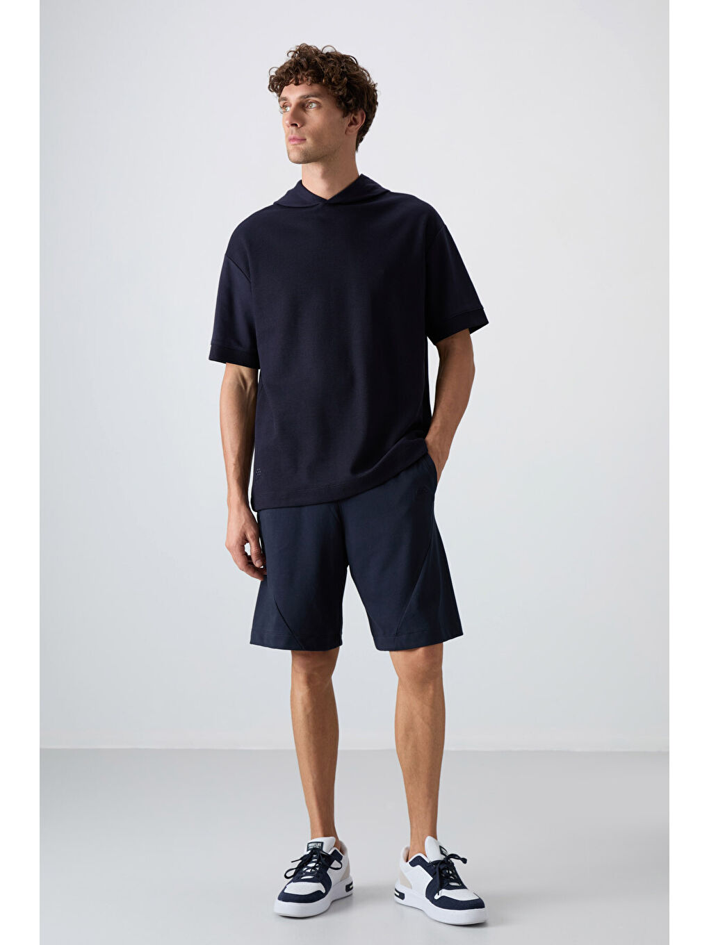 Lacivert Pamuklu Kalın Yüzeyi Dokulu Oversize Fit Basic Erkek Tişört - 88335-3