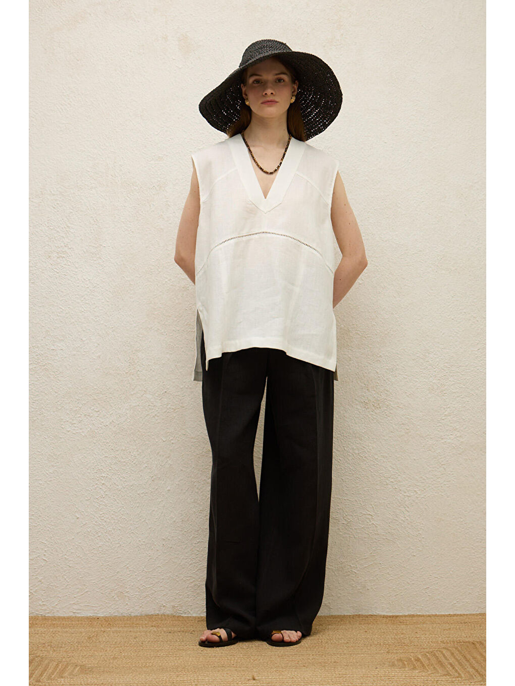 Keten Kolsuz Bluz Ekru-4