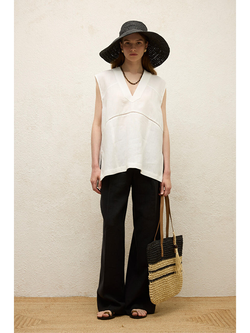 Keten Kolsuz Bluz Ekru-5