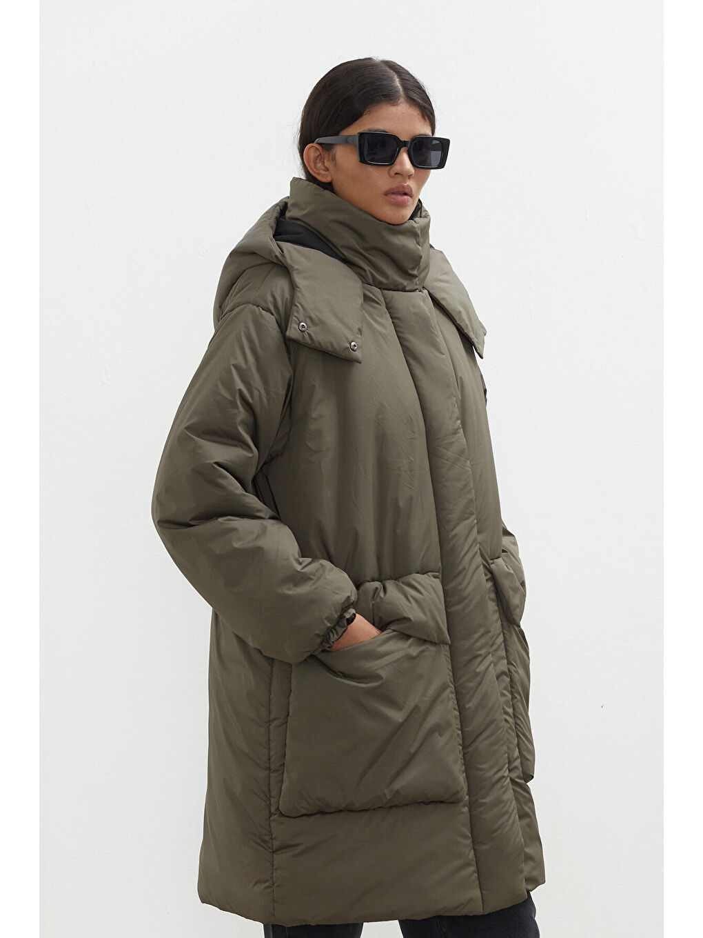 Kapüşonlu Anorak Mont Haki-4