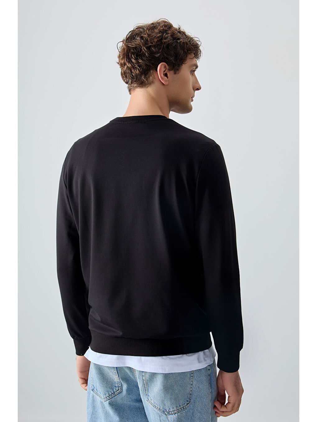 Siyah Pamuk Dokulu Standart Fit Basic Erkek Sweatshirt - 88363-4