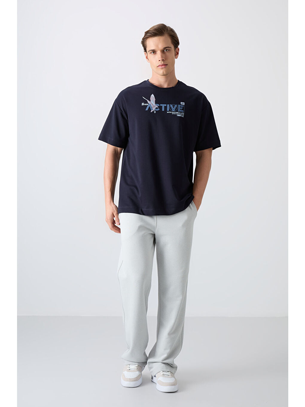 Lacivert Pamuklu Kalın Yumuşak Dokulu Oversize Fit Baskılı Erkek Tişört - 88344-1