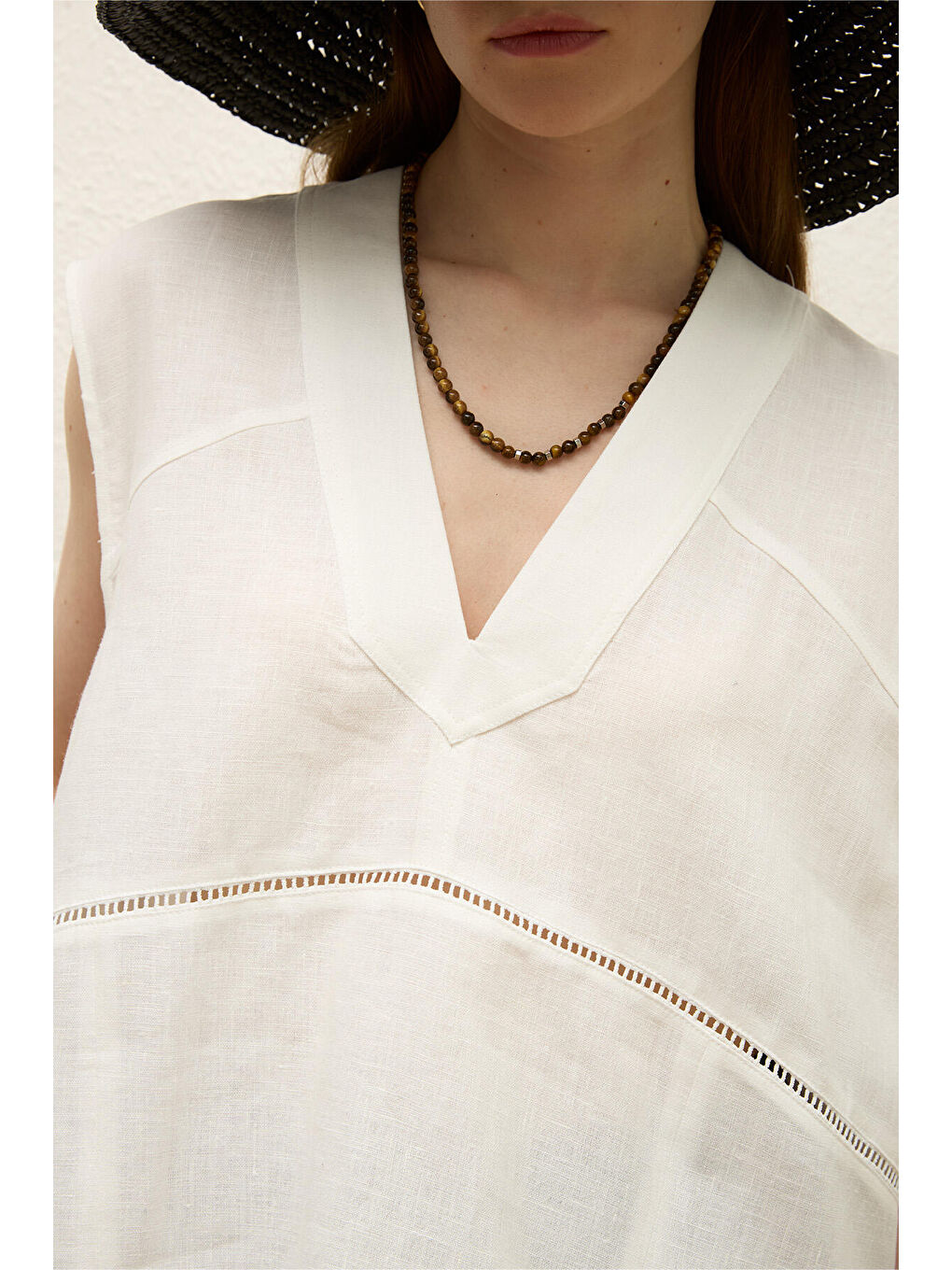 Keten Kolsuz Bluz Ekru-6