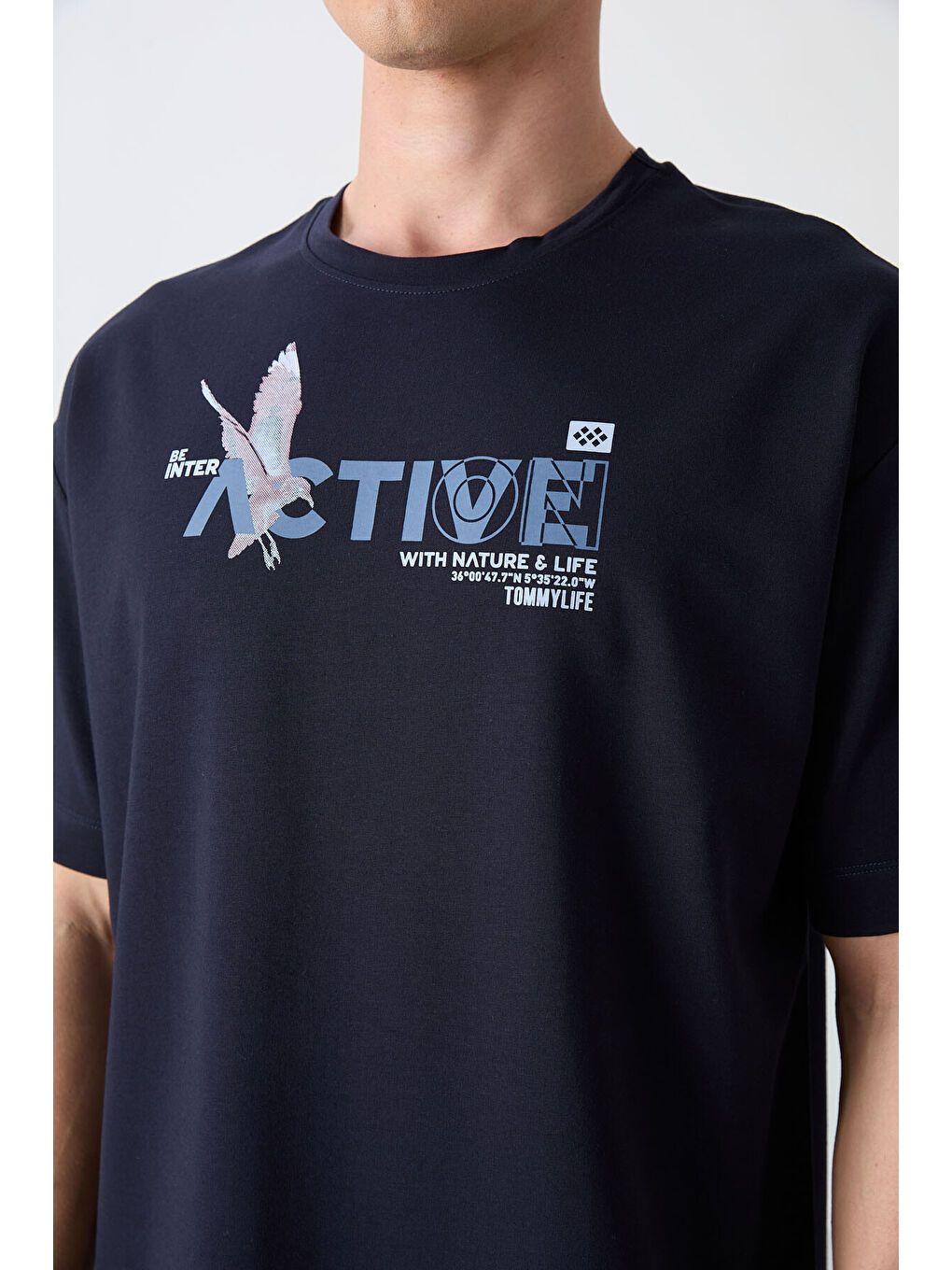 Lacivert Pamuklu Kalın Yumuşak Dokulu Oversize Fit Baskılı Erkek Tişört - 88344-2