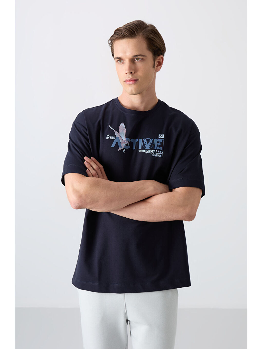 Lacivert Pamuklu Kalın Yumuşak Dokulu Oversize Fit Baskılı Erkek Tişört - 88344-3