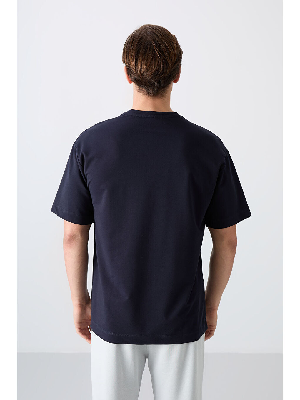 Lacivert Pamuklu Kalın Yumuşak Dokulu Oversize Fit Baskılı Erkek Tişört - 88344-4