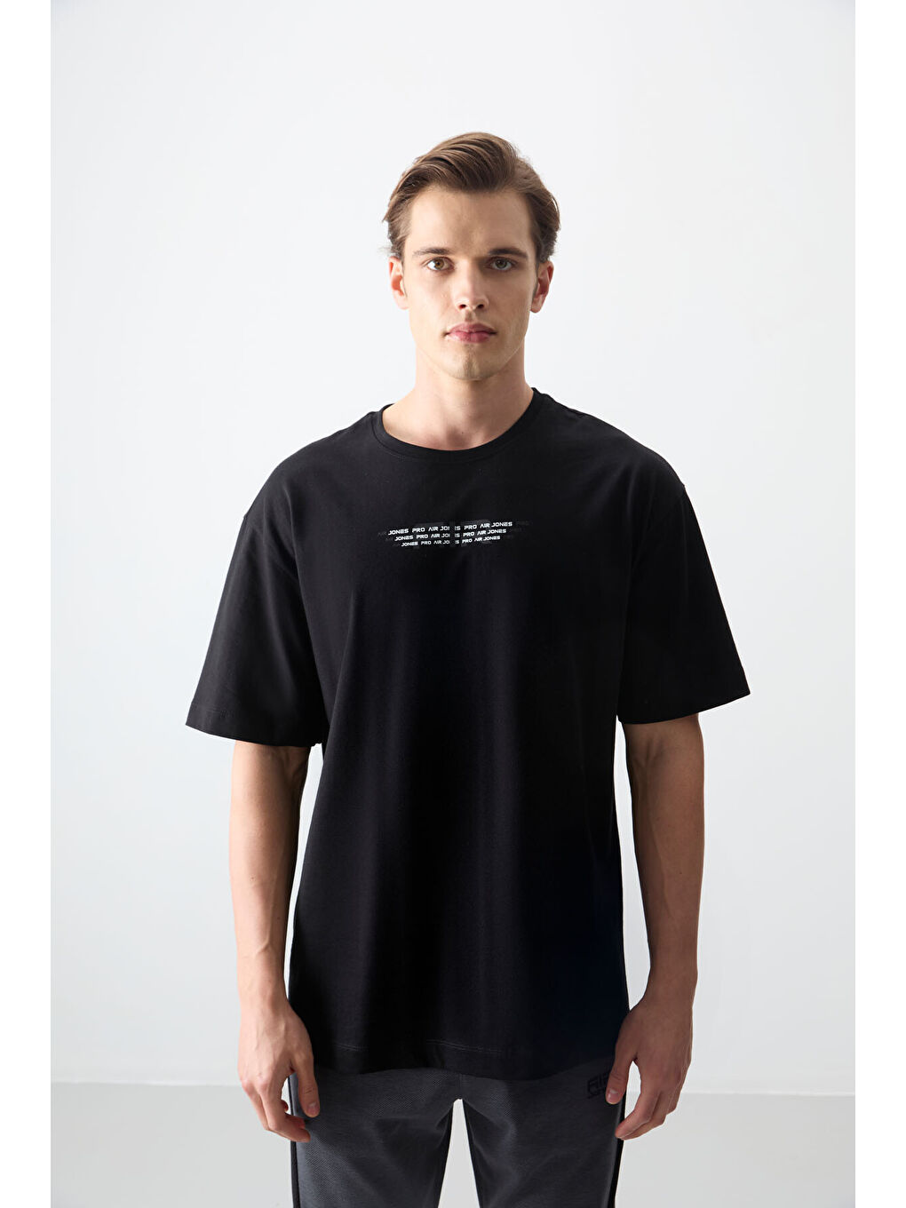 Siyah %100 Pamuk Kalın Yumuşak Dokulu Oversize Fit Baskılı Erkek Tişört - 88356-3