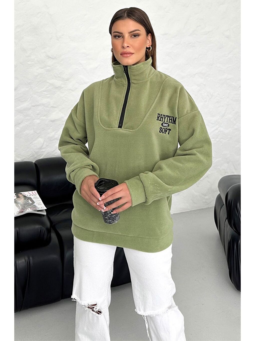 Kadın Haki Rhythm Soft Baskılı Oversize Yarım Fermuarlı Yumuşak Dokulu Polar Polo Yaka Sweatshirt-2