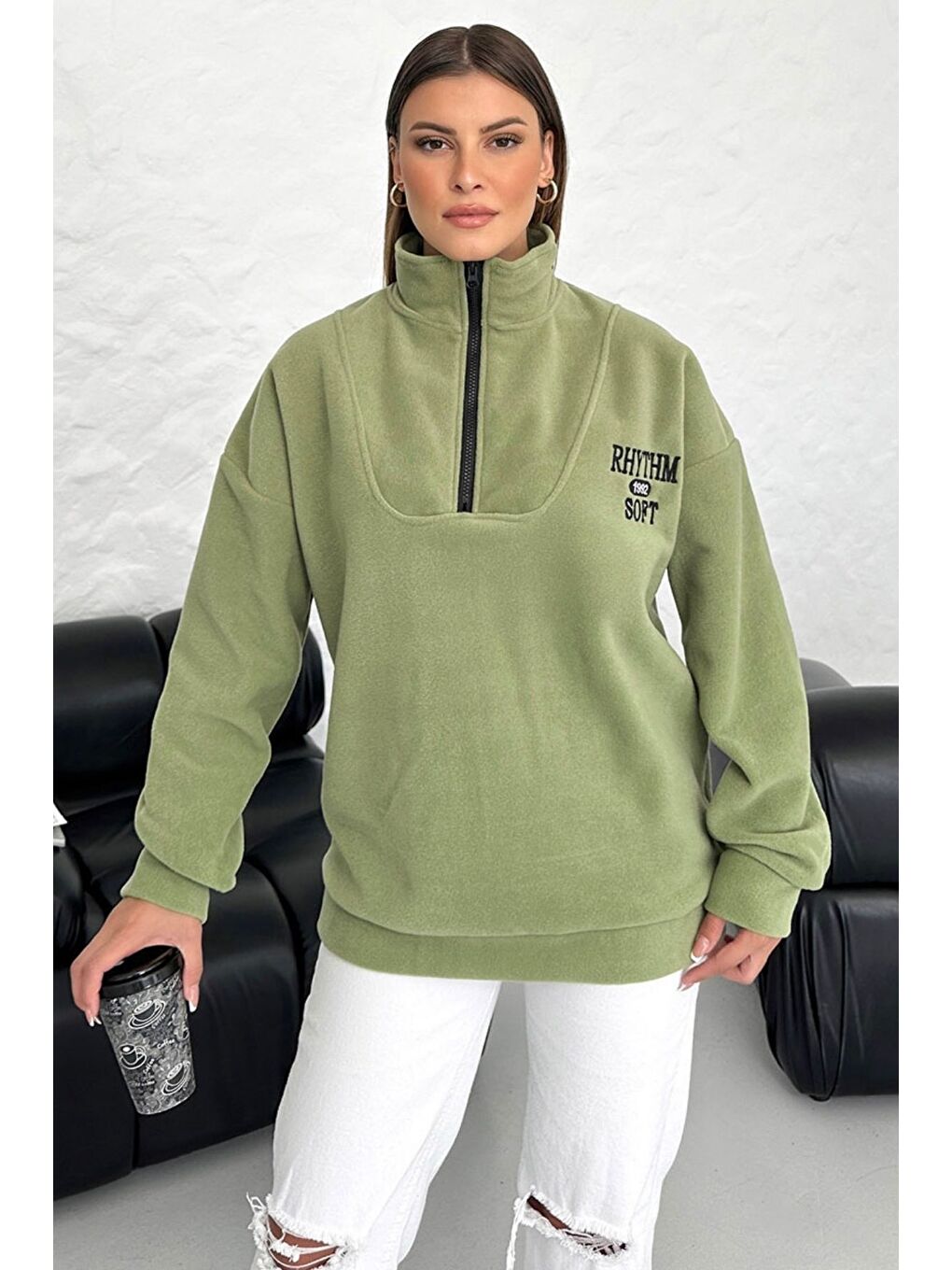 Kadın Haki Rhythm Soft Baskılı Oversize Yarım Fermuarlı Yumuşak Dokulu Polar Polo Yaka Sweatshirt-3