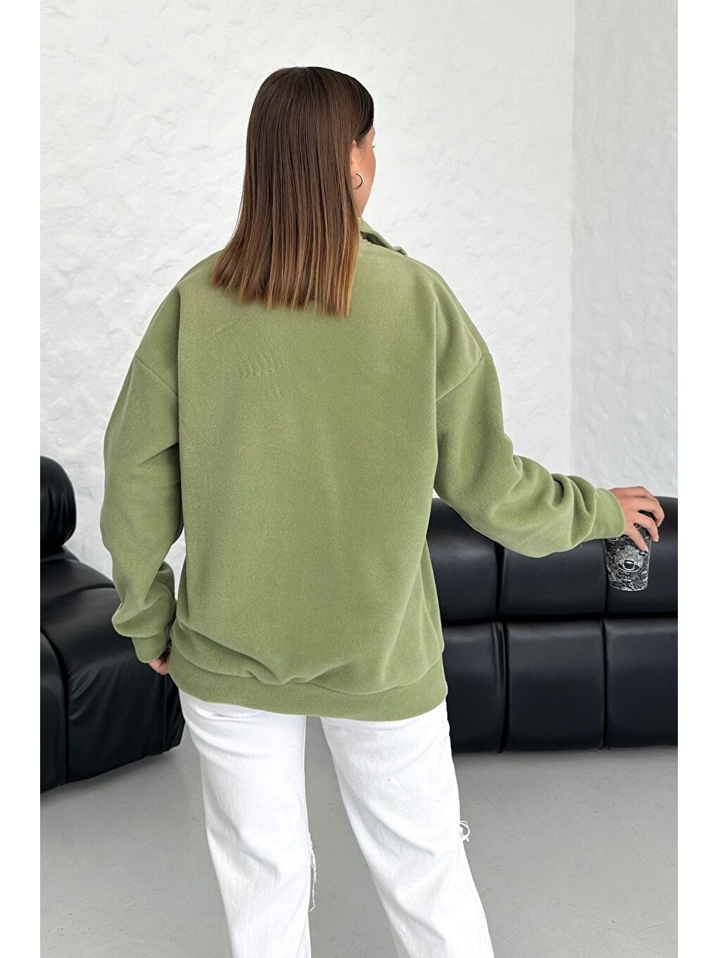 Kadın Haki Rhythm Soft Baskılı Oversize Yarım Fermuarlı Yumuşak Dokulu Polar Polo Yaka Sweatshirt-6