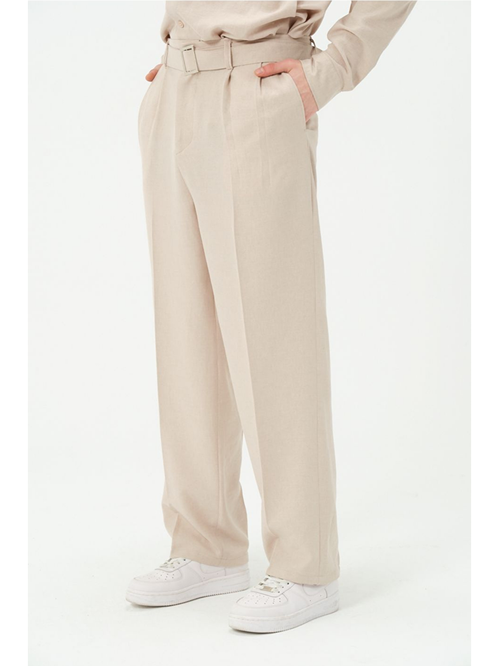 Bej Kemerli Baggy Fit Kumaş Erkek Pantolon-1