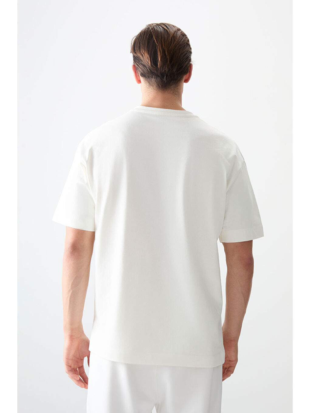 Ekru %100 Pamuk Kalın Yumuşak Dokulu Oversize Fit Basic Erkek Tişört - 88353-4