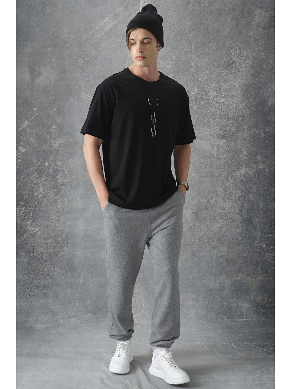 Siyah %100 Pamuk Kalın Yumuşak Dokulu Oversize Fit Baskılı Erkek Tişört - 88355-2