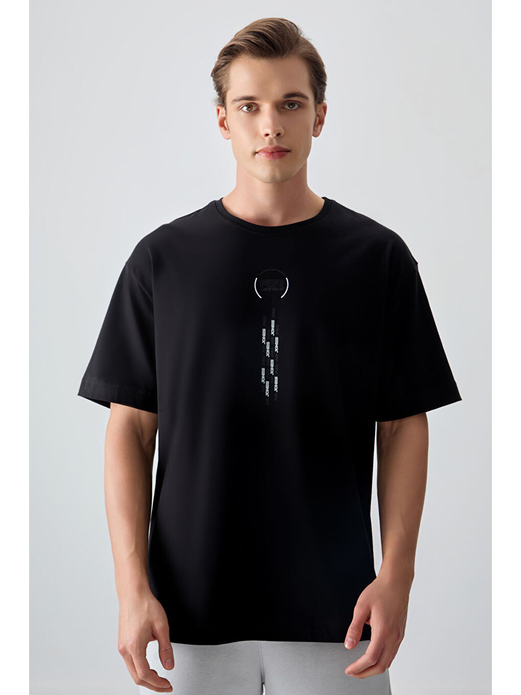 Siyah %100 Pamuk Kalın Yumuşak Dokulu Oversize Fit Baskılı Erkek Tişört - 88355-3