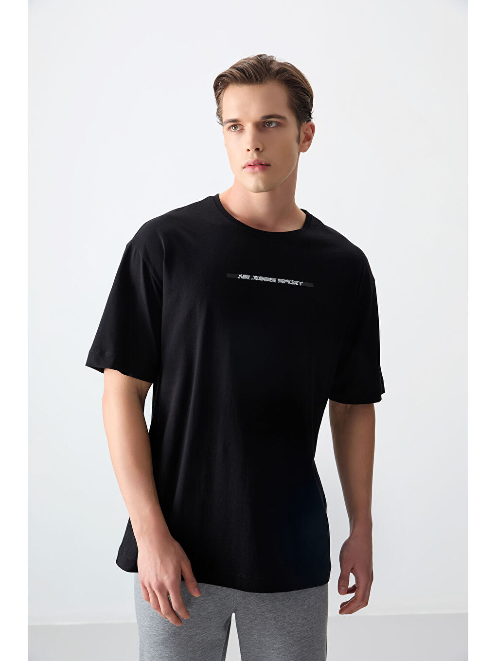 Siyah %100 Pamuk Kalın Yumuşak Dokulu Oversize Fit Baskılı Erkek Tişört - 88358-2