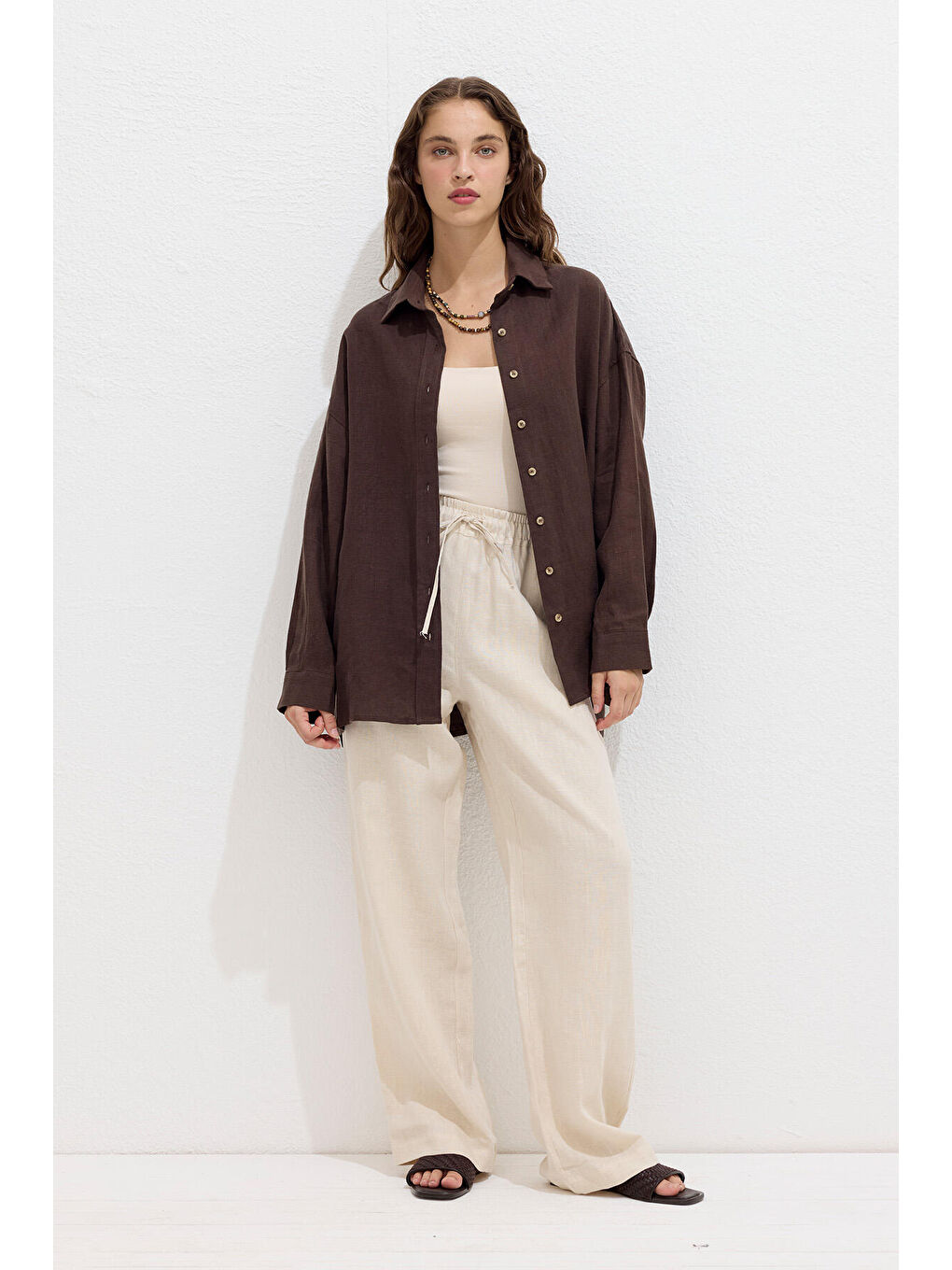 Cepli Rahat Keten Pantolon Bej