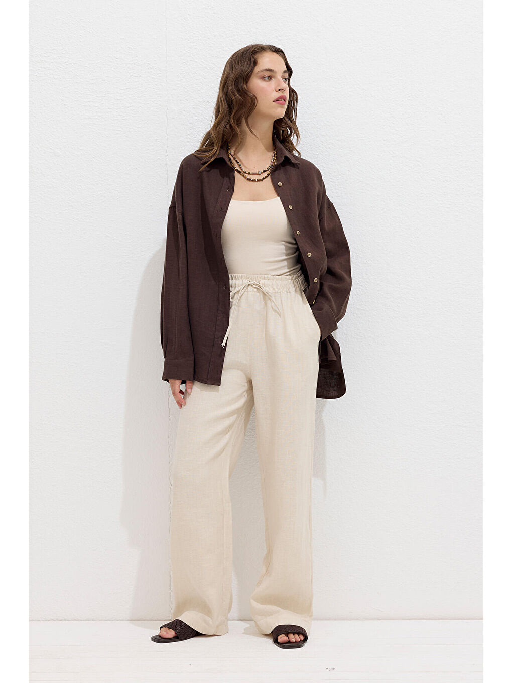 Cepli Rahat Keten Pantolon Bej-2