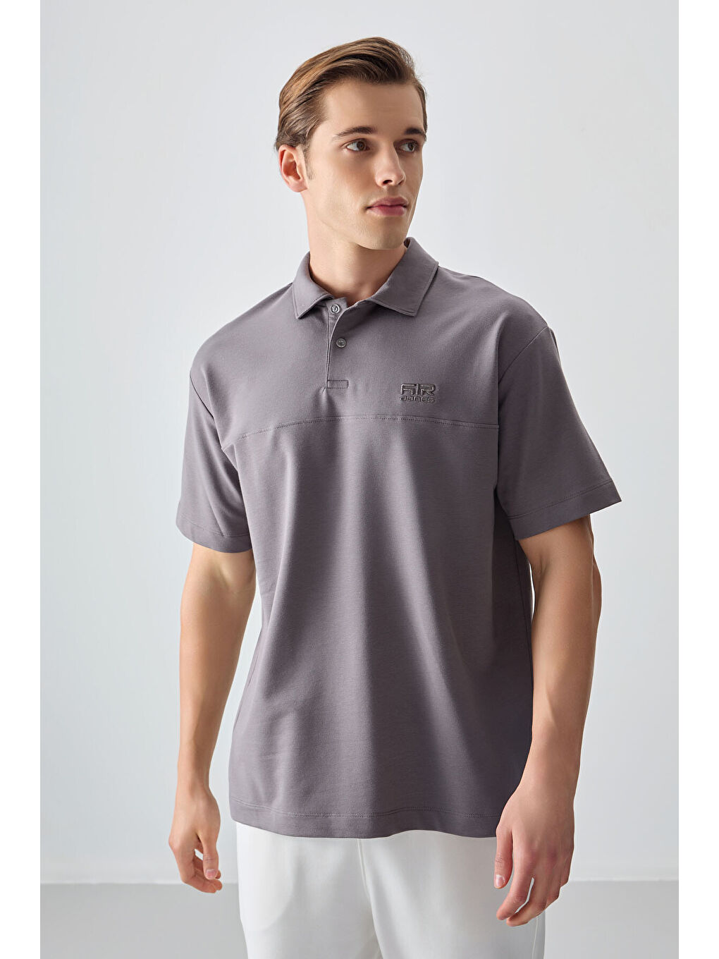 Koyu Gri Pamuklu Kalın Yumuşak Dokulu Polo Yaka Oversize Fit Basic Erkek Tişört- 88382