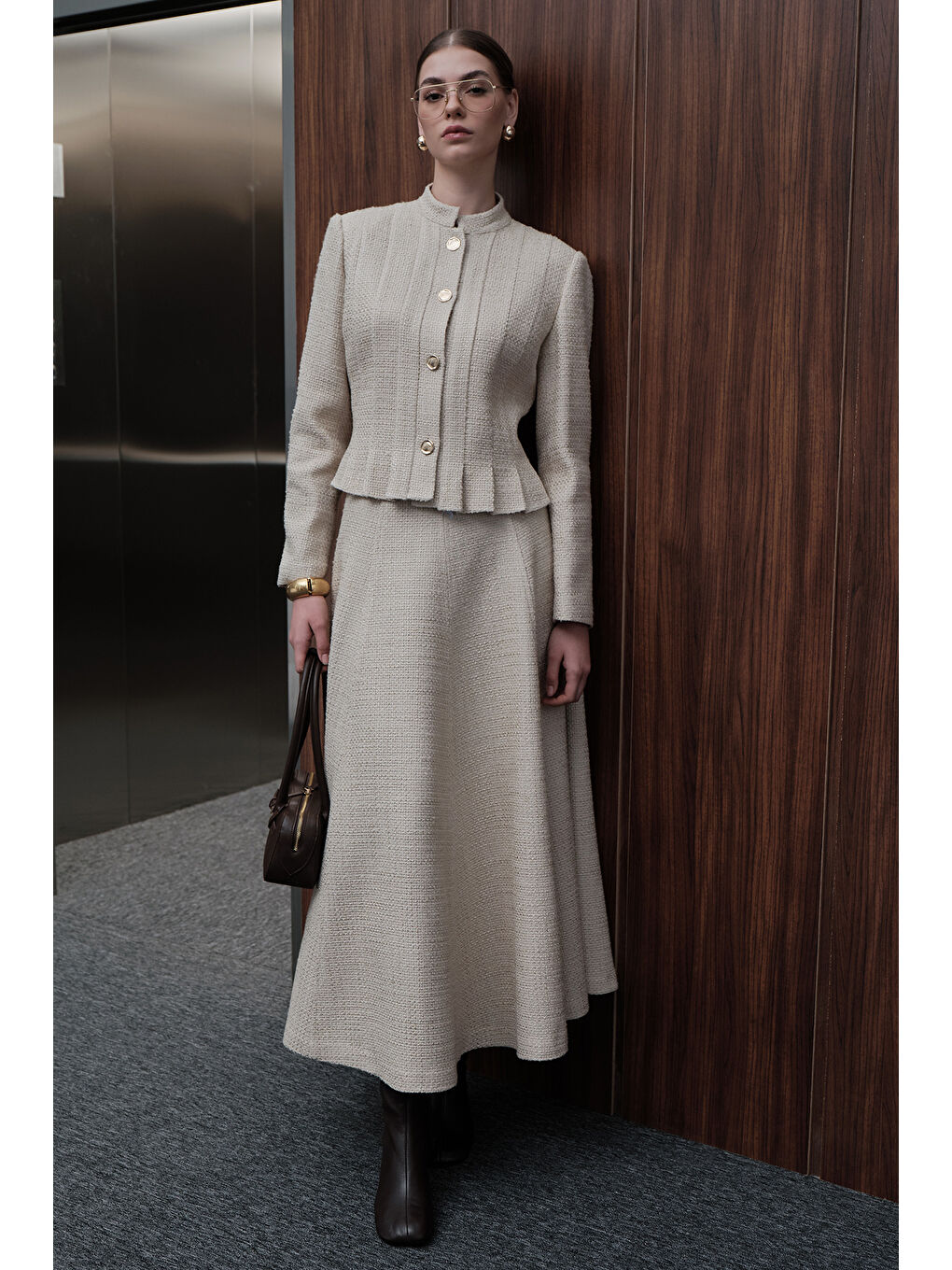 Dokulu Düğmeli Ceket Bej