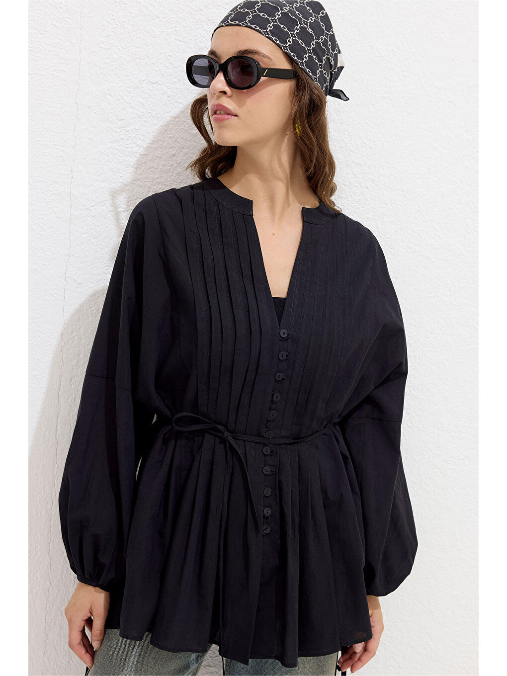 Nervür Detaylı Vual Tunik Siyah-1