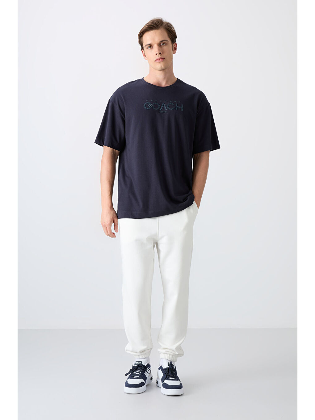 Lacivert Pamuklu Kalın Yumuşak Dokulu Oversize Fit Baskılı Erkek Tişört - 88329-1