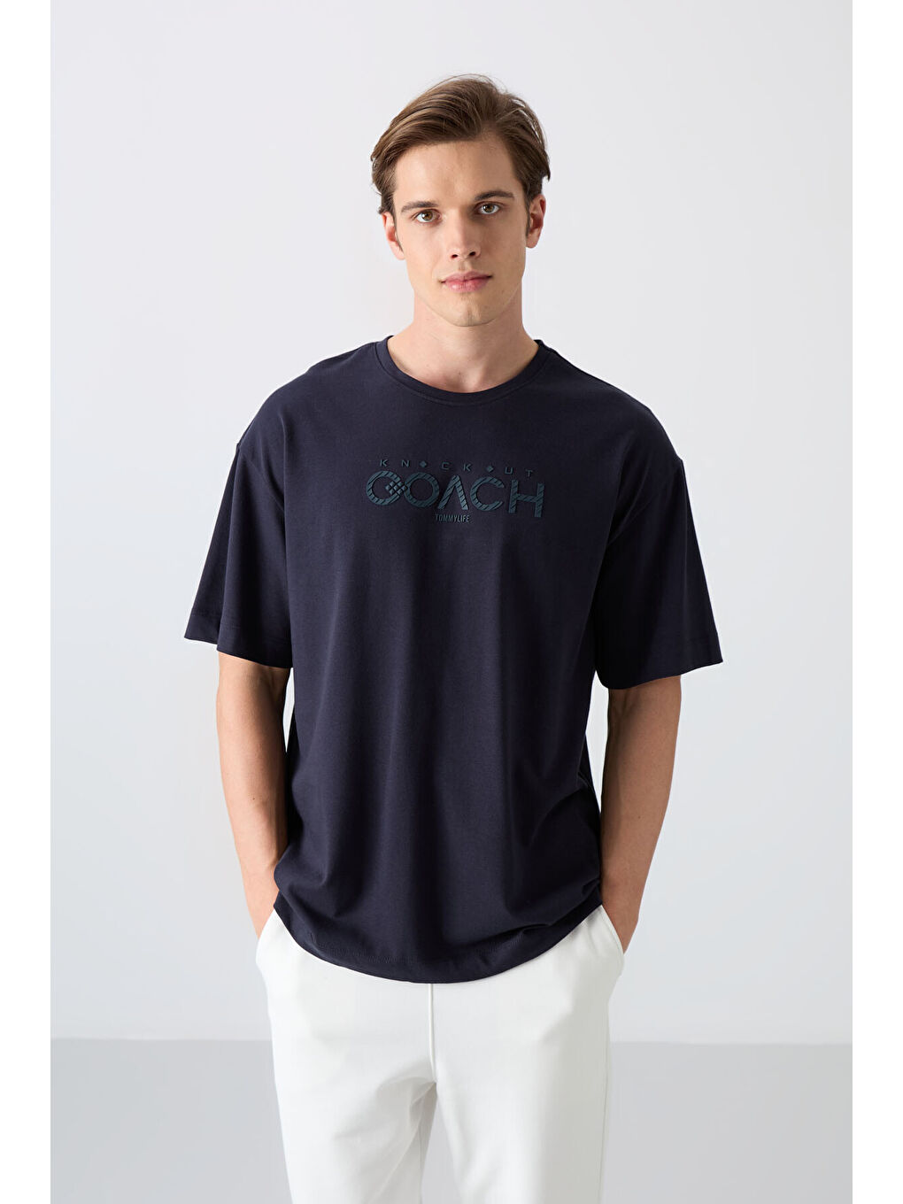 Lacivert Pamuklu Kalın Yumuşak Dokulu Oversize Fit Baskılı Erkek Tişört - 88329-3