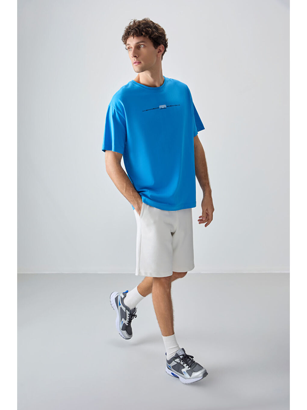 Petrol %100 Pamuk Oversize Baskılı Erkek Tişört- 88357-1