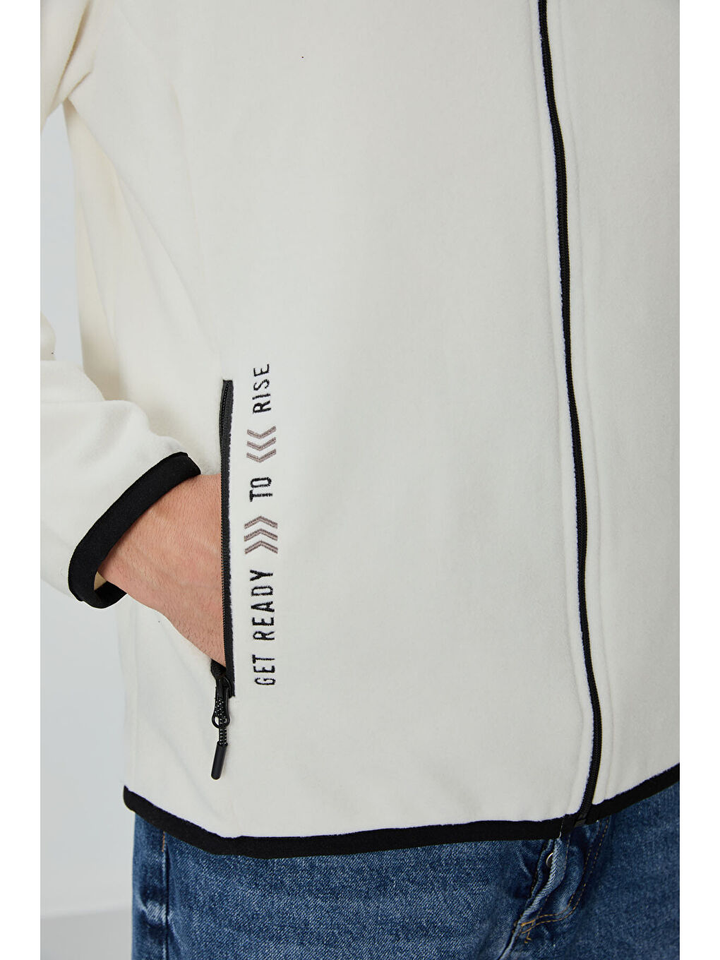 Ekru Yazı Nakışlı Dik Yaka  Standart Kalıp Erkek Fermuarlı Sweatshirt Polar - 87992-3