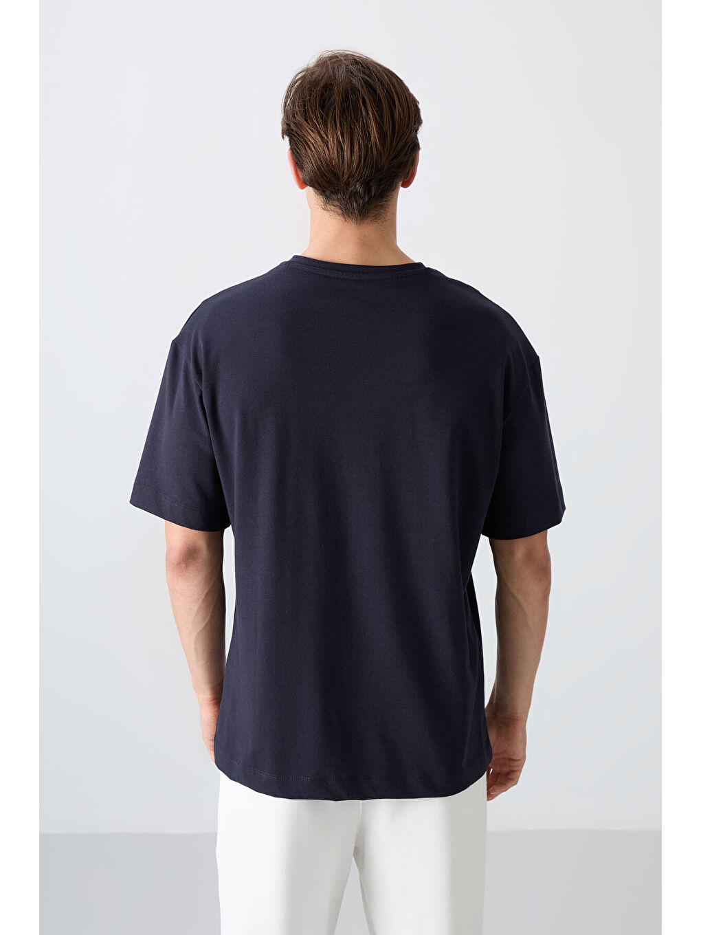 Lacivert Pamuklu Kalın Yumuşak Dokulu Oversize Fit Baskılı Erkek Tişört - 88329-4